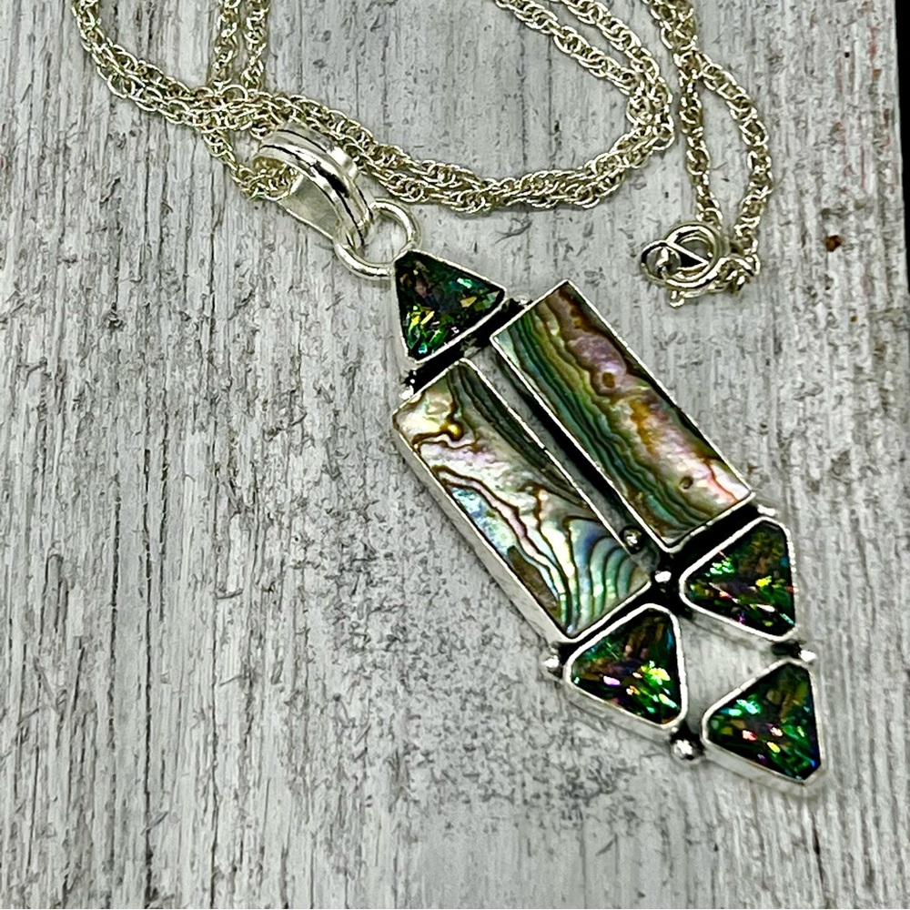 280. Mystic Topaz & Abalone 925 Sterling Pendant Necklace.